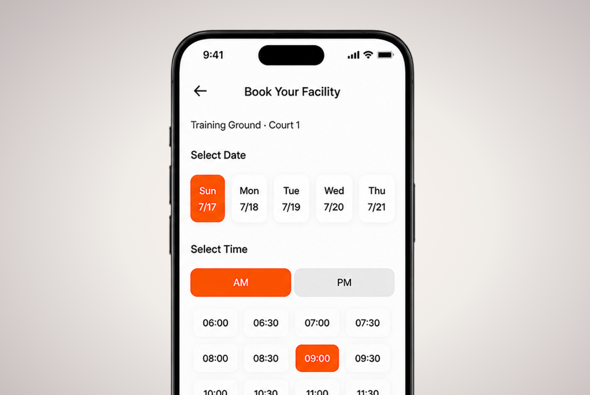 The No.1 Hoops app showing a court booking calendar with time slots