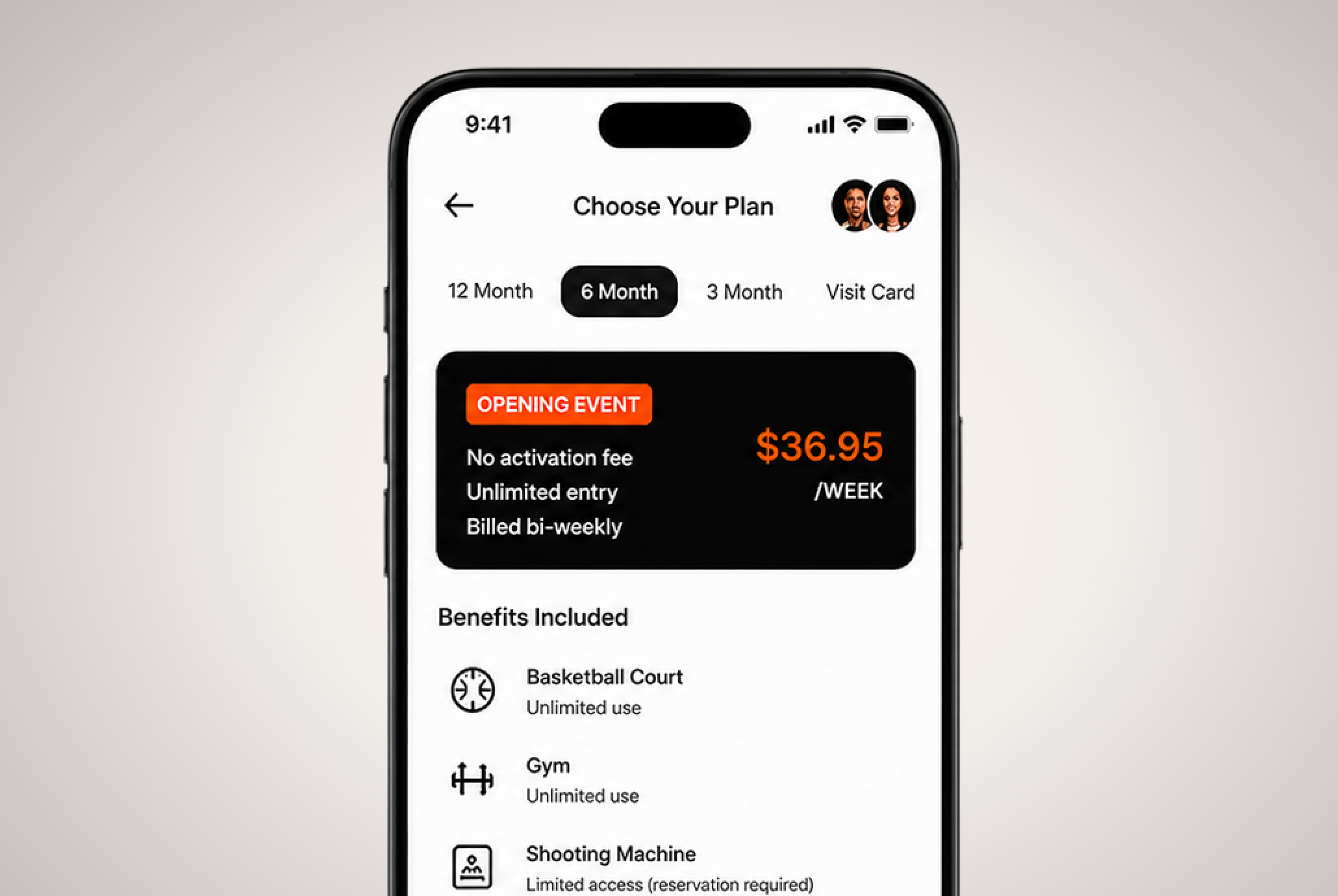 The No.1 Hoops app showing membership plans and live availability